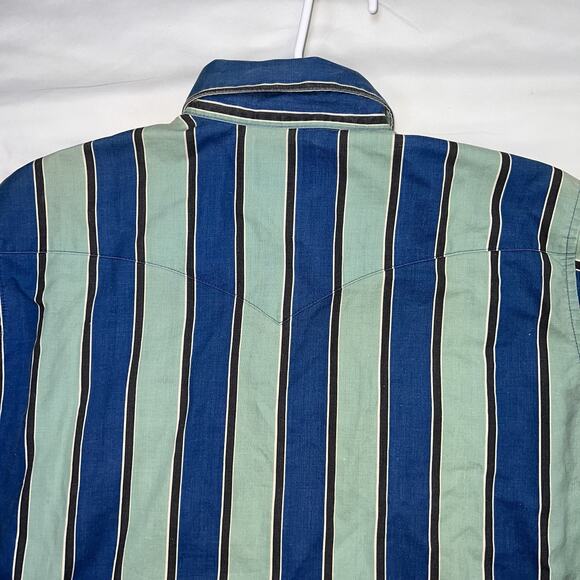 Wrangler Western Shirt Size 16.5 x 35 Blue Striped Aztec Pearl Snap Cowboy Cut - Picture 10 of 13